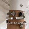 Taşlı Yonca Kelepçe - Düz Kelepçe - Tiffany Silver Çelik Bileklikler