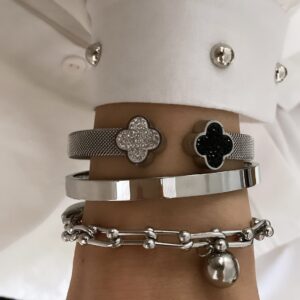 Taşlı Yonca Kelepçe - Düz Kelepçe - Tiffany Silver Çelik Bileklikler