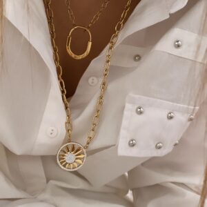 Topçuk Kolye - CD Model - Taşlı Çiçek Zincir Gold Çelik Kolyeler
