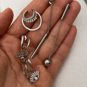 Topçuk Sallantılı Model - Taşlı Göz Model - Kıkırdak Model Silver Çelik Küpeler