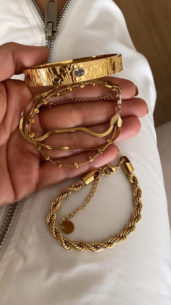 Tektaş Kelepçe - Burgu Model - Üçlü Topçuk İtalyan Zincir Gold Çelik Bileklikler - Görsel 4