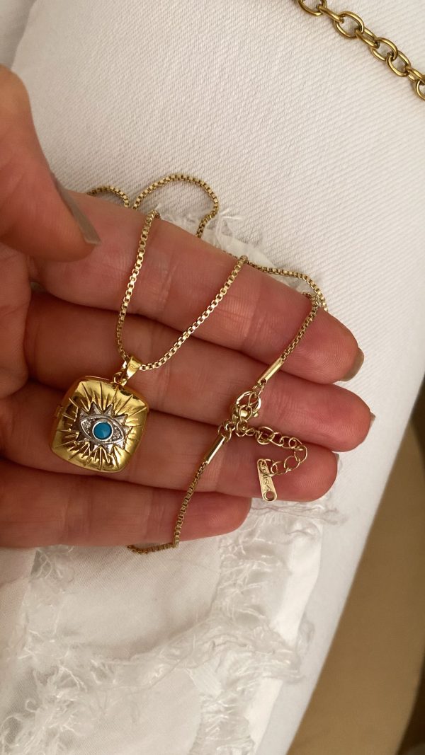 Tasarım Kalp Model - Turkuaz Göz Model - Taşlı Plaka Gold Çelik Kolyeler - Görsel 4