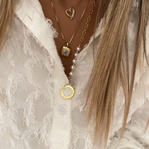 Tasarım Kalp Model - Turkuaz Göz Model - Taşlı Plaka Gold Çelik Kolyeler