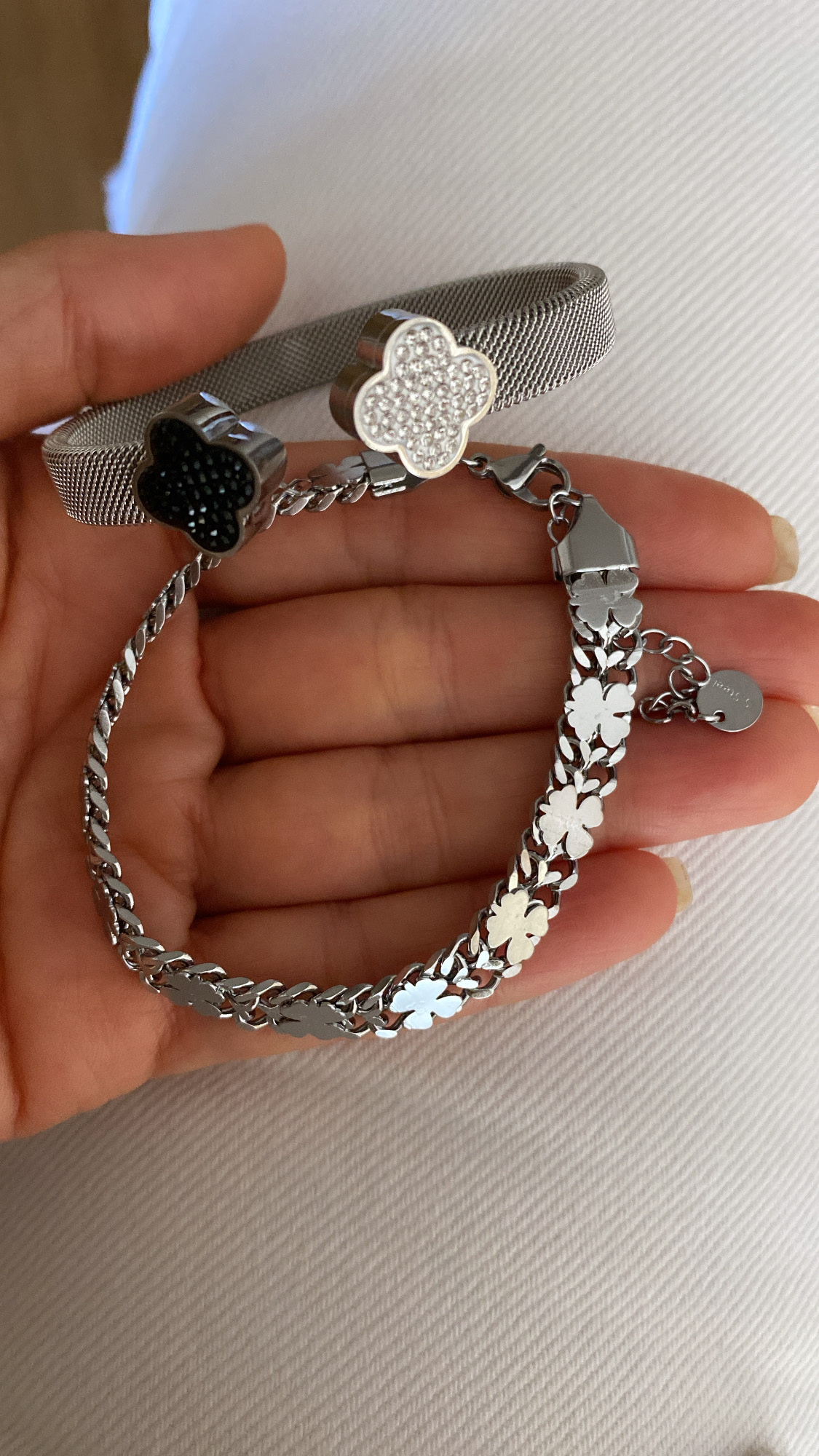 Taşlı Yonca Kelepçe - Yonca Zincir Model - Hayat Ağacı Topçuk Model Silver Çelik Bileklikler - Görsel 2