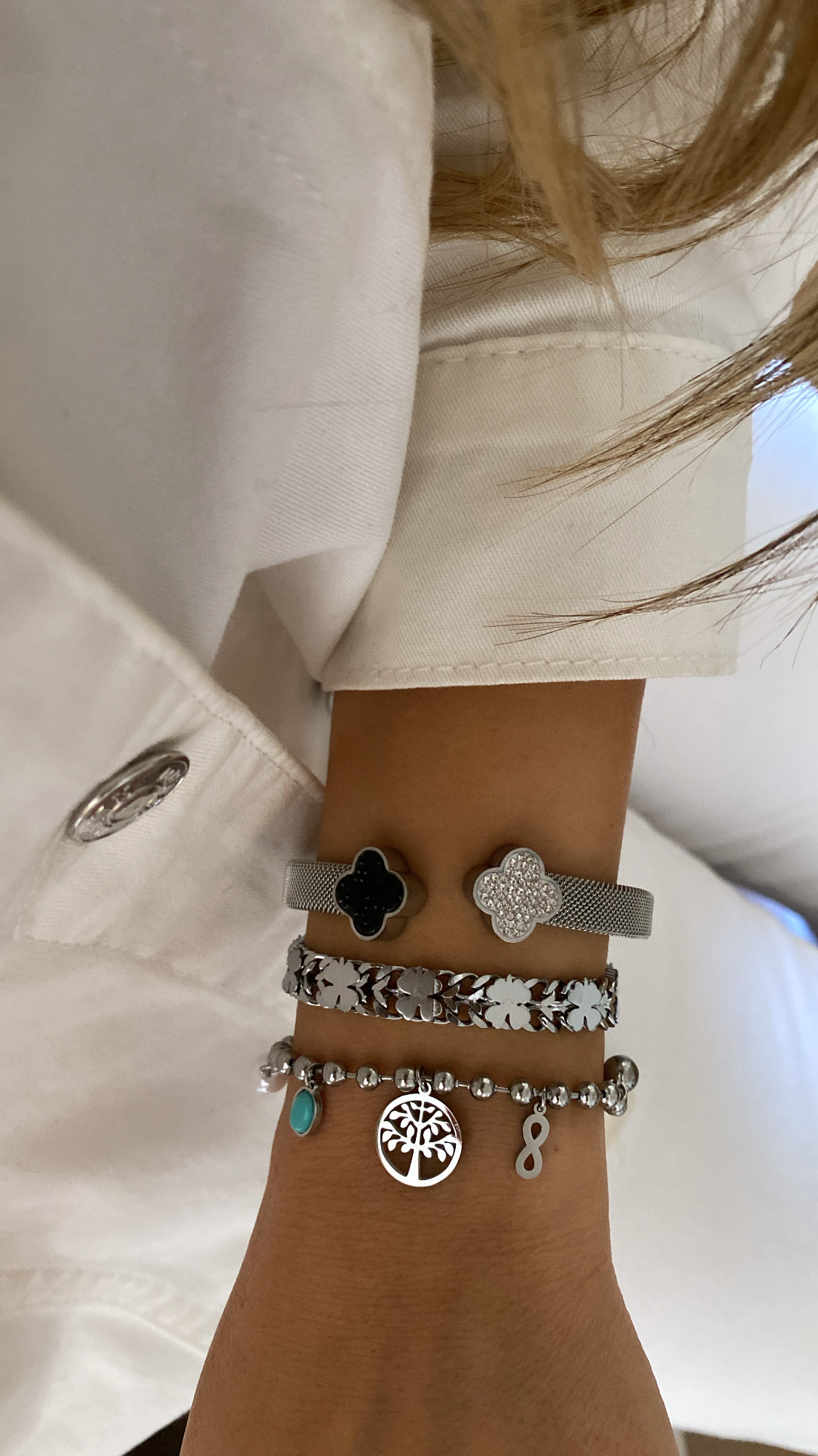 Taşlı Yonca Kelepçe - Yonca Zincir Model - Hayat Ağacı Topçuk Model Silver Çelik Bileklikler - Görsel 4