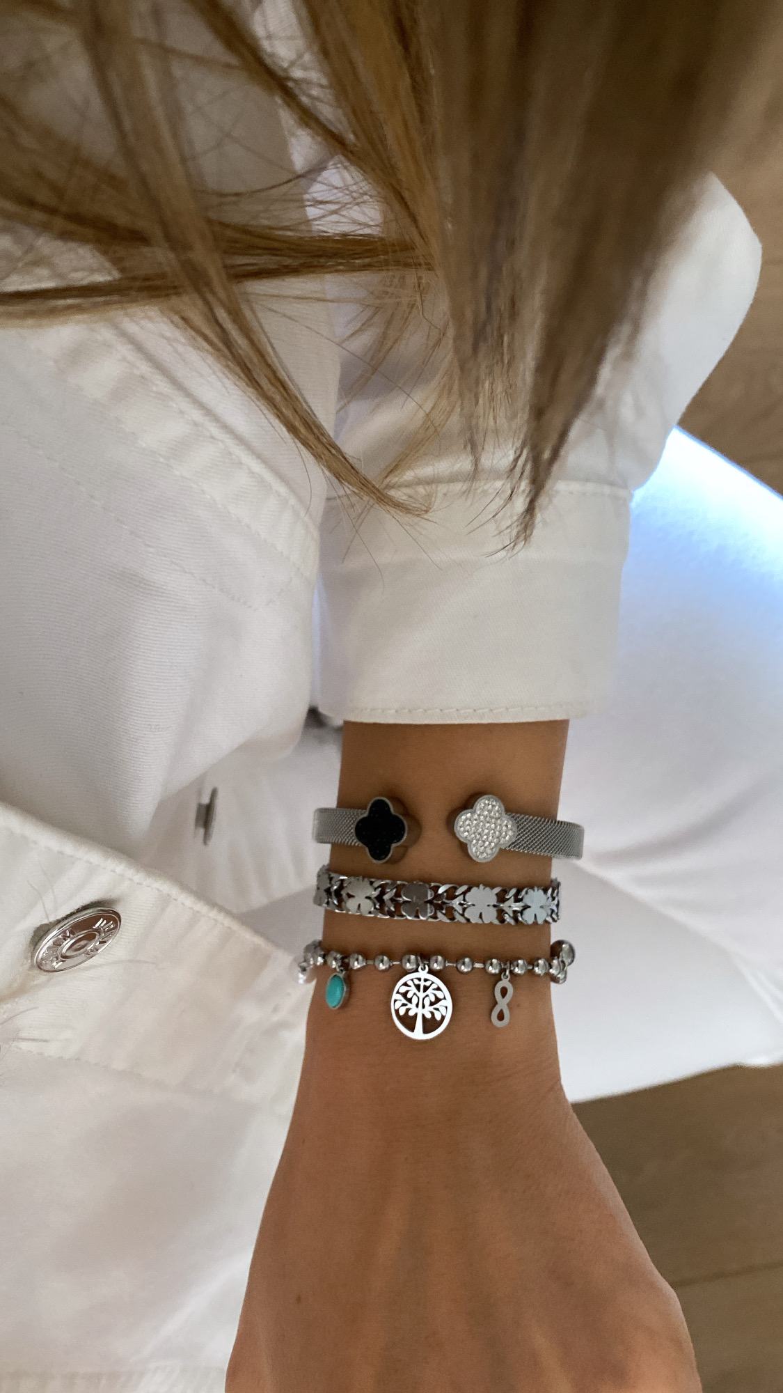 Taşlı Yonca Kelepçe - Yonca Zincir Model - Hayat Ağacı Topçuk Model Silver Çelik Bileklikler