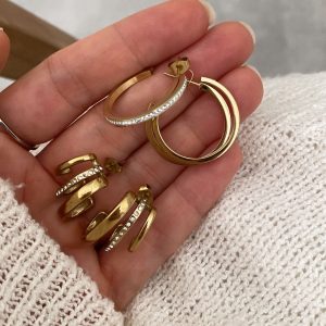 Halka Taşlı Model - Tasarım Üçlü Model Gold Çelik Küpeler i