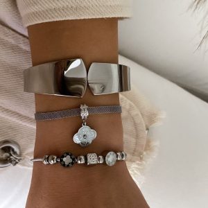 Tasarım Kelepçe - Yonca Figür Örgü Model - Topçuk Figürlü Silver Çelik Bileklikler