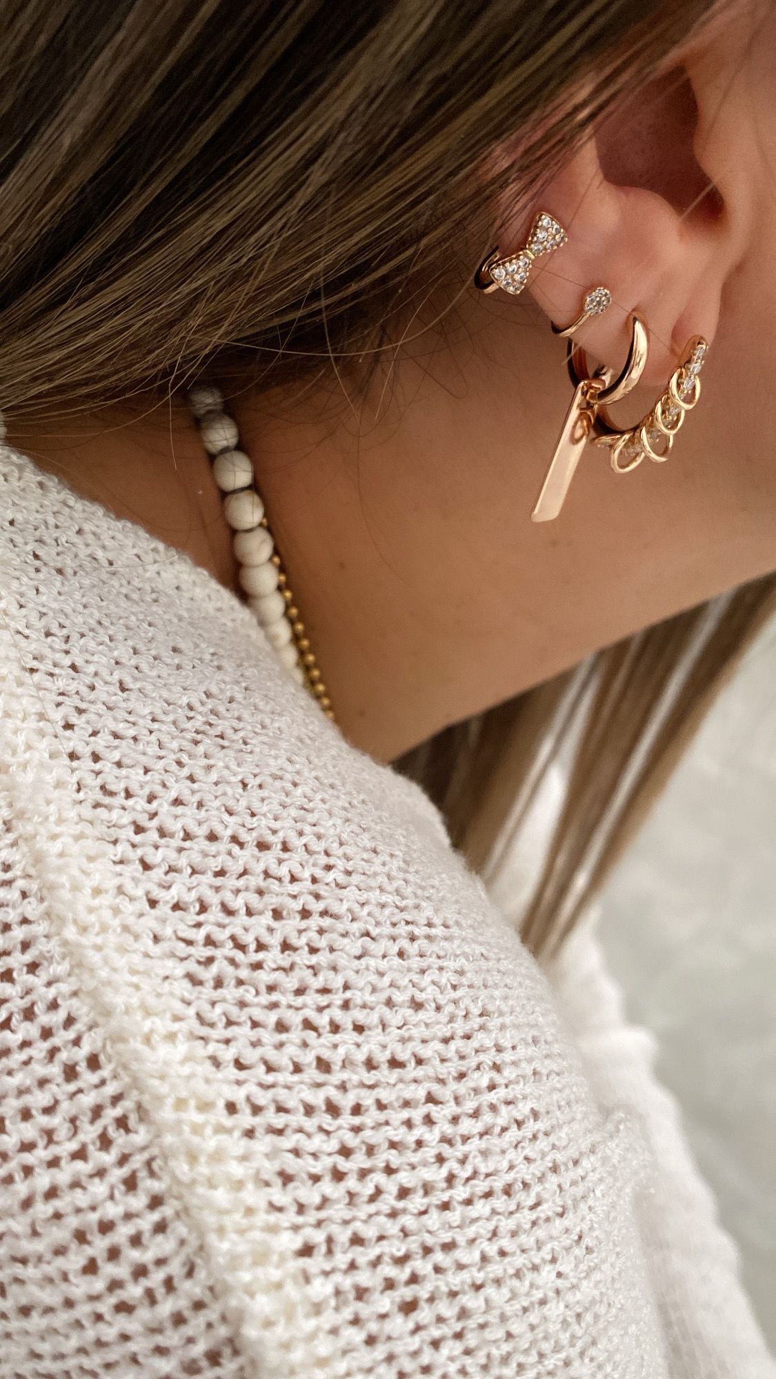 Taşlı Zincir Model - Plaka Model - İkili Fiyonk Rose Çelik Küpeler - Görsel 2