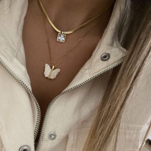 Kare Taşlı İtalyan Zincir - Kelebek Model Çelik Kolyeler