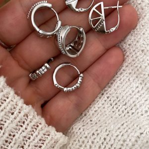 Sırataş Sepet Model - Yarım Daire Model - Taşlı Halka Silver Çelik Küpeler