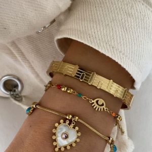 Kelepçe - Renkli Göz Model - Kalp Model Gold Çelik Bileklikler