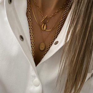 Zincir Model - İkili Model - Uzun Tasarım Gold Çelik Kolyeler