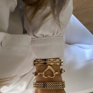 Kelepçe - Kalp Model - Örgü Model Gold Çelik Bileklikler