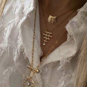 Tasarım Çubuk Model - Tektaş Model - Uzun Çiçek Gold Çelik Kolyeler