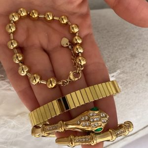 Alternative view of Taşlı Figür Kelepçe - Kesme Kelepçe - Topçuk Model Gold Çelik Bileklikler