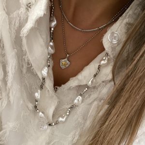 İtalyan Zincir - Yıldız Plaka Model - Barok İnci Silver Çelik Kolyeler