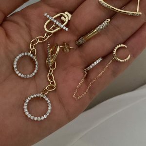 Halka Taşlı Tasarım Model - Üçgen Taşlı Model - Zincir Kıkırdak Gold Çelik Küpeler