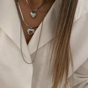 Alternative view of Kalp Model - Topçuk Model -  Taşlı Kalp Model - Uzun Burgu Zincir Silver Çelik Kolyeler