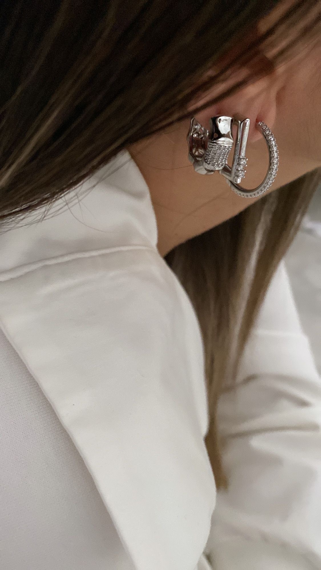 Halka Taşlı Model - Üçtaş Model - Tasarım Model Silver Çelik Küpeler - Görsel 2