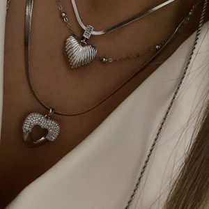 Kalp Model - Topçuk Model -  Taşlı Kalp Model - Uzun Burgu Zincir Silver Çelik Kolyeler