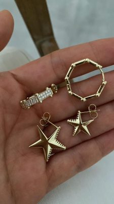 Taşlı Tasarım Model - Büyük Yıldız Model - Küçük Yıldız Model Gold Çelik Küpeler