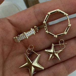 Taşlı Tasarım Model - Büyük Yıldız Model - Küçük Yıldız Model Gold Çelik Küpeler