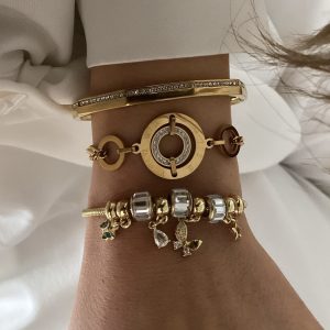 Taşlı Geo Kelepçe - Halka Model - PNDR Figürlü Gold Çelik Bileklikler