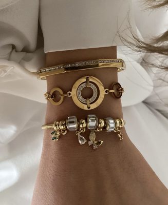 Taşlı Geo Kelepçe - Halka Model - PNDR Figürlü Gold Çelik Bileklikler