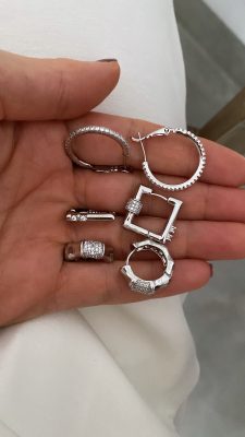 Halka Taşlı Model - Üçtaş Model - Tasarım Model Silver Çelik Küpeler