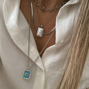 Zincir Model - Güneş Model - İtalyan Zincir Model - Uzun Turkuaz Silver Çelik Kolyeler