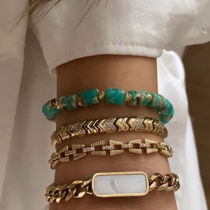 Doğaltaş Turkuaz Model - Balık Sırtı Model - Geo Model - Sedefli Zincir Çelik Bileklikler