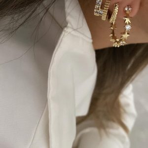 Yıldız Taşlı Model - Halka Model - İkili Kare Taşlı Gold Çelik Küpeler