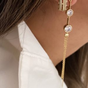 Üçtaş Zincir Model - Kare Taşlı Model Gold Çelik Küpeler