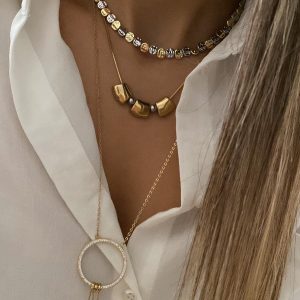 Ezme Pullu Model - Tasarım Model - Halka Taşlı Sallantılı Model Çelik Kolyeler