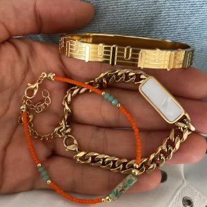 Alternative view of Kelepçe - Sedefli Zincir Model - Turuncu Minimal Model - İkili Deniz Model Gold Çelik Bileklik