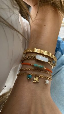 Kelepçe - Sedefli Zincir Model - Turuncu Minimal Model - İkili Deniz Model Gold Çelik Bileklik