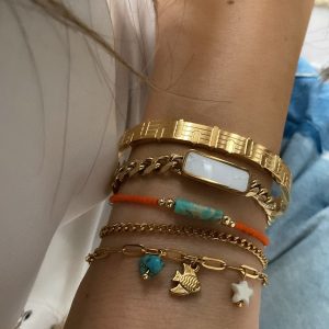 Kelepçe - Sedefli Zincir Model - Turuncu Minimal Model - İkili Deniz Model Gold Çelik Bileklik