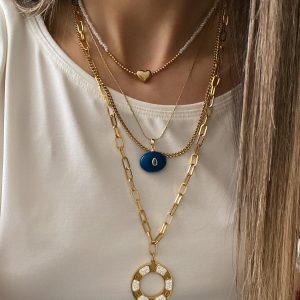 Barok İnci Kalp Kolye - Damla Taşlı Model - İkili Halka Model Çelik Kolyeler
